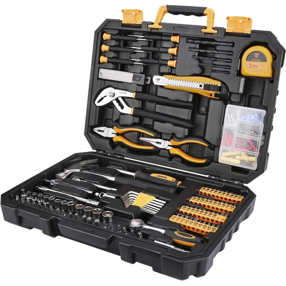 DEKOPRO 196-Piece Home Tool Kit with Hammer, Pliers, Screwdriver Bits, Tape Measure, and Storage Case