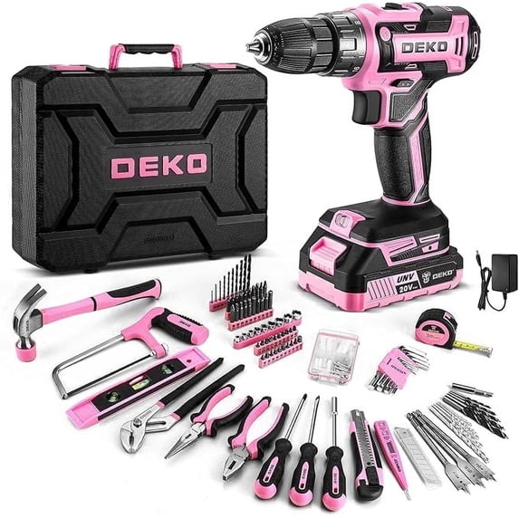 DEKOPRO 20V Pink Cordless Drill Driver Set for Women, 186-Piece Hand Tool Set, Lady's Home DIY Tool Kit with Battery