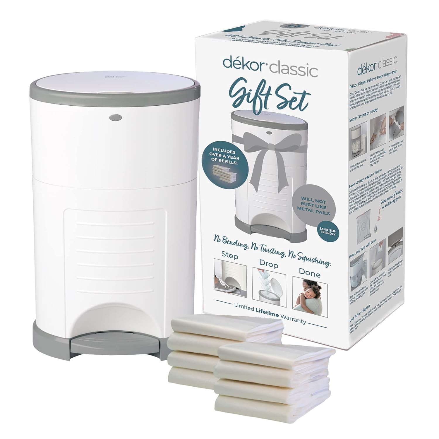 DEKOR Diaper Classic Diaper Pail Gift Set White , Comes with Over a