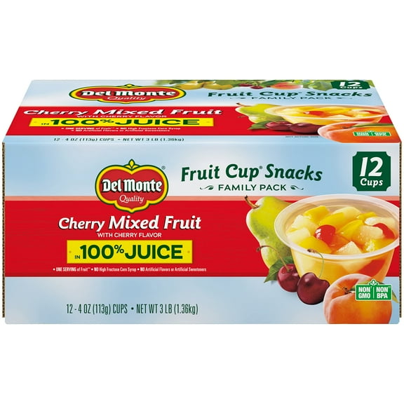 DEL MONTE Cherry Flavored Mixed Fruit KKS1FRUIT CUP Snacks in 100% Juice, 12 Pack, 4 oz.