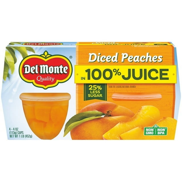 DEL MONTE Diced Peaches FRUIT CUP Snacks 100% Juice 4 oz (4 cups) (Pack of 2)