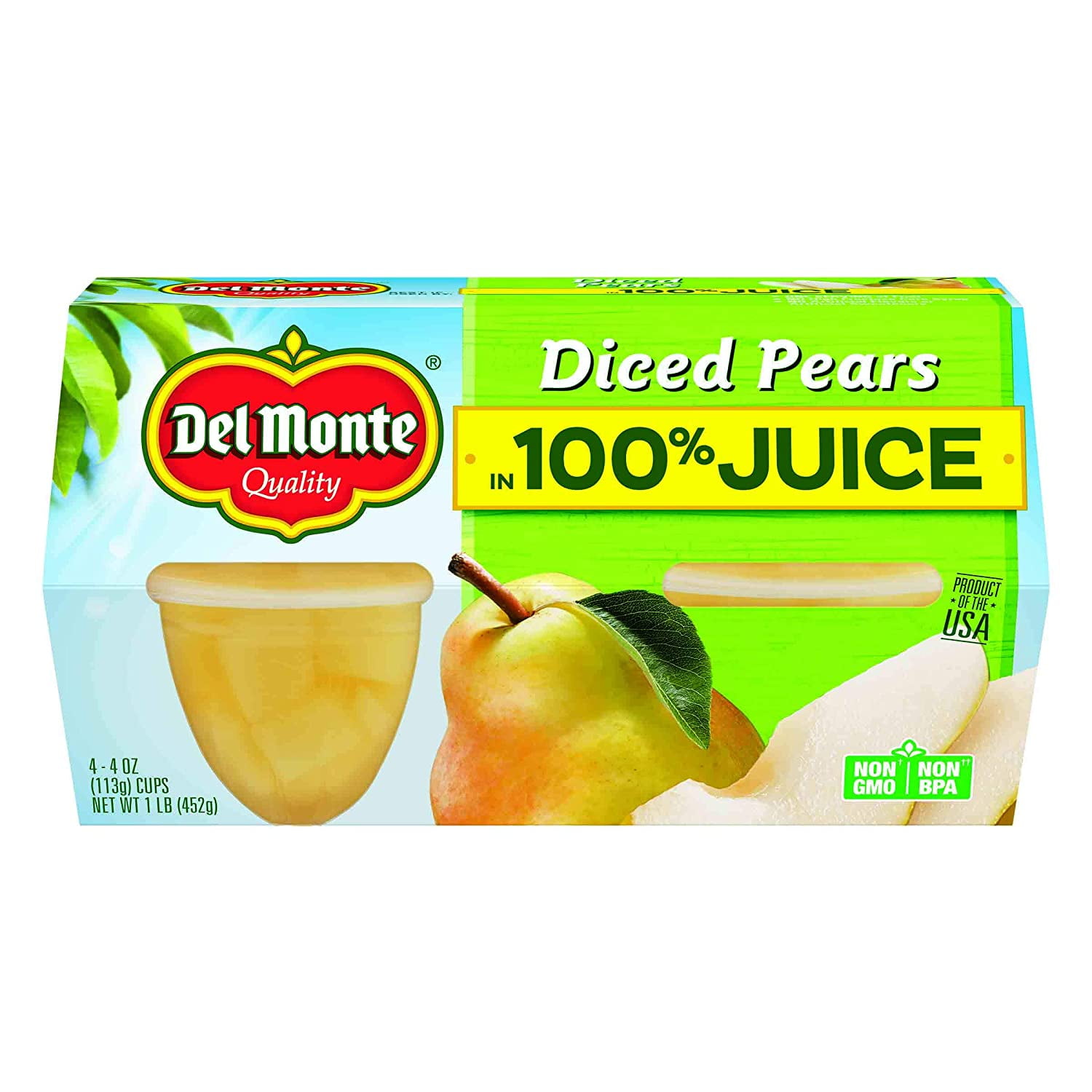 Del Monte Diced Pears Fruit Snack Cups in 100% Juice, 4-Ounce, 4-Count (Pack of 6)