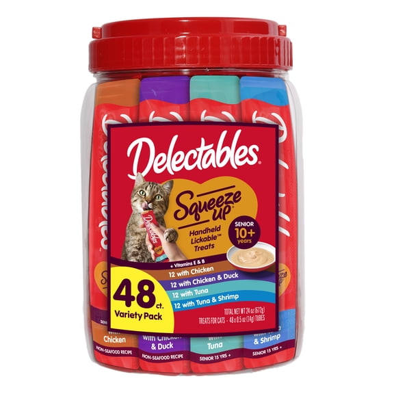 Hartz Delectables Squeeze Up Senior 10+ Variety Pack Lickable Cat Treats, 0.5-oz tube, 48 Count