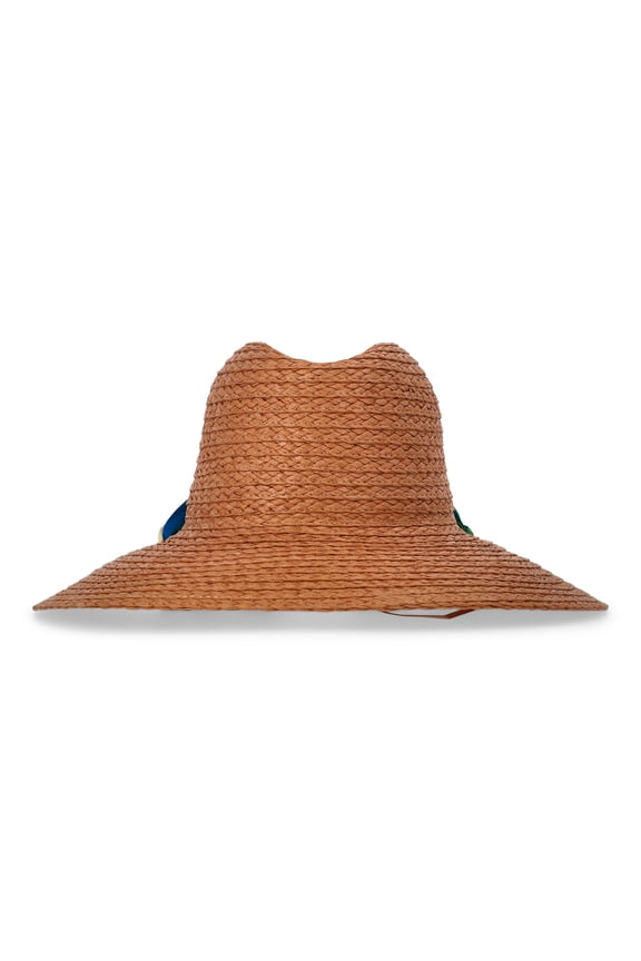 Women's Down Brim Straw Hat with Ribbon Chin Tie, Dark Natural