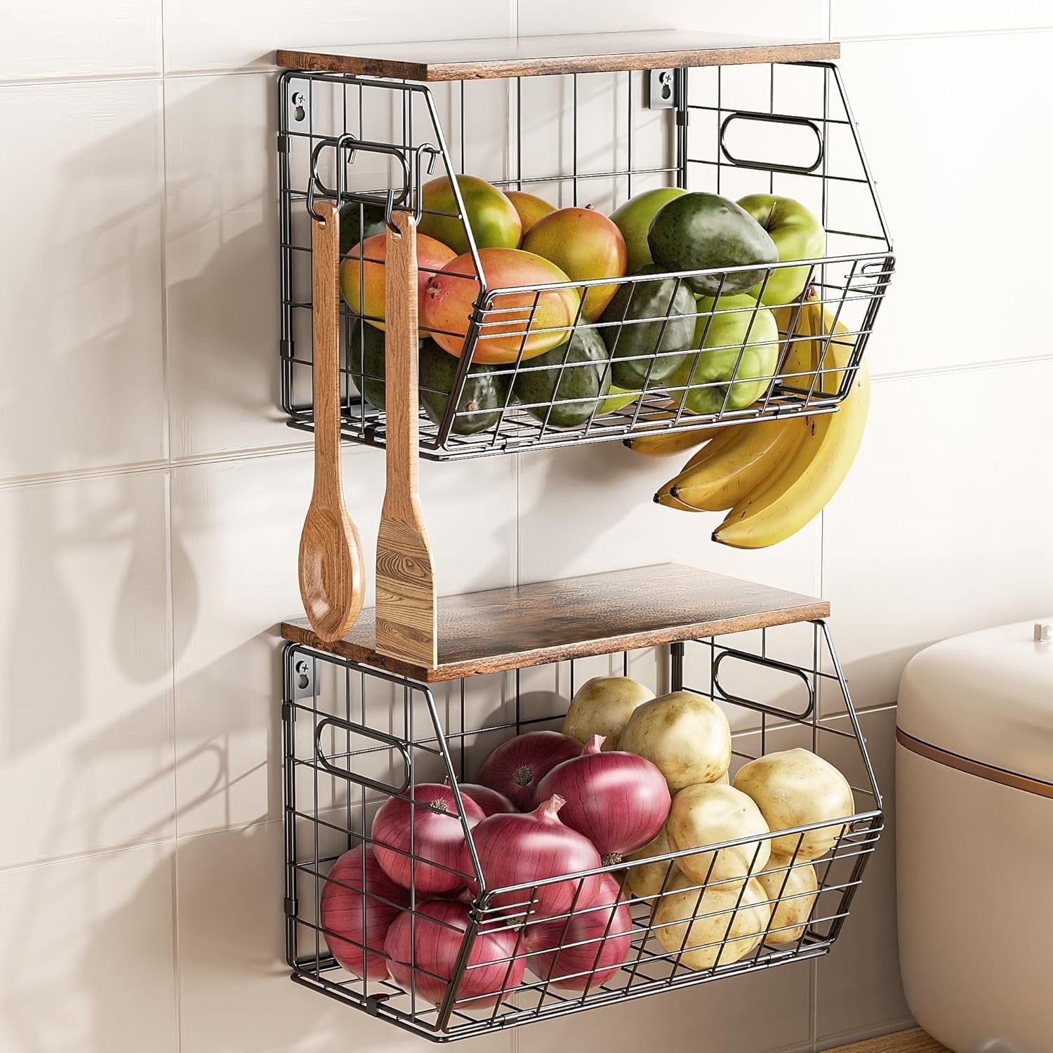 LazySpin 2-Pack Stackable Fruit Basket, Metal Wire Baskets for Kitchen Counter Wall Mount