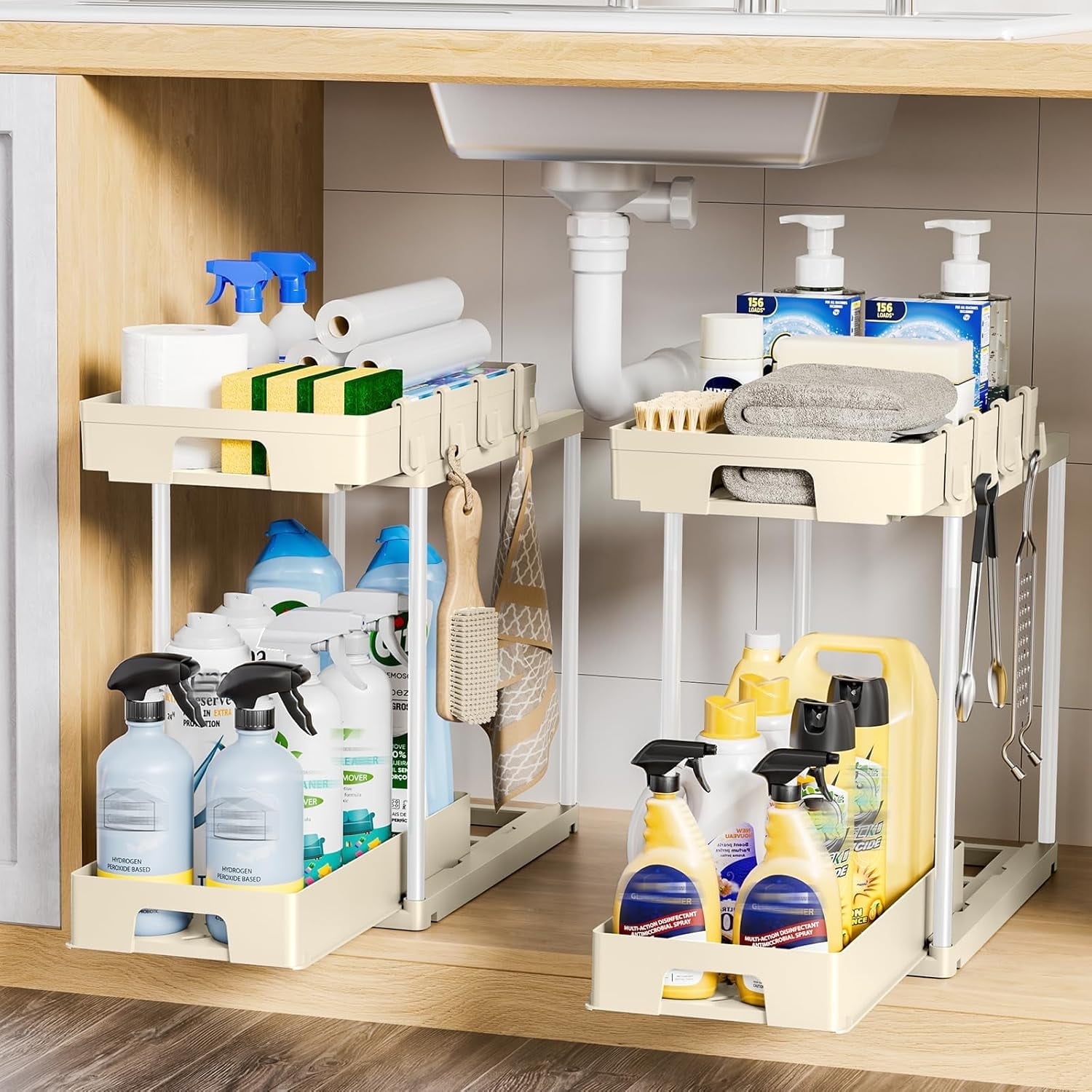 LazySpin 2 Pack Under Sink Organizers and Storage, Pull Out Trash Can Under Cabinet, 2 Tier Bin Organizer with Hooks and Haning Cups, Multi-Purpose Sliding Under Cabinet Organizer, White