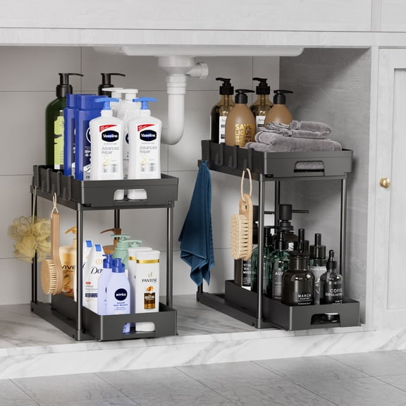 DELAMU 2 Pack Under Sink Organizers and Storage, Pull Out Trash Can Under Cabinet, 2 Tier Bin Organizer with Hooks and Haning Cups, Multi-Purpose Sliding Under Cabinet Organizer