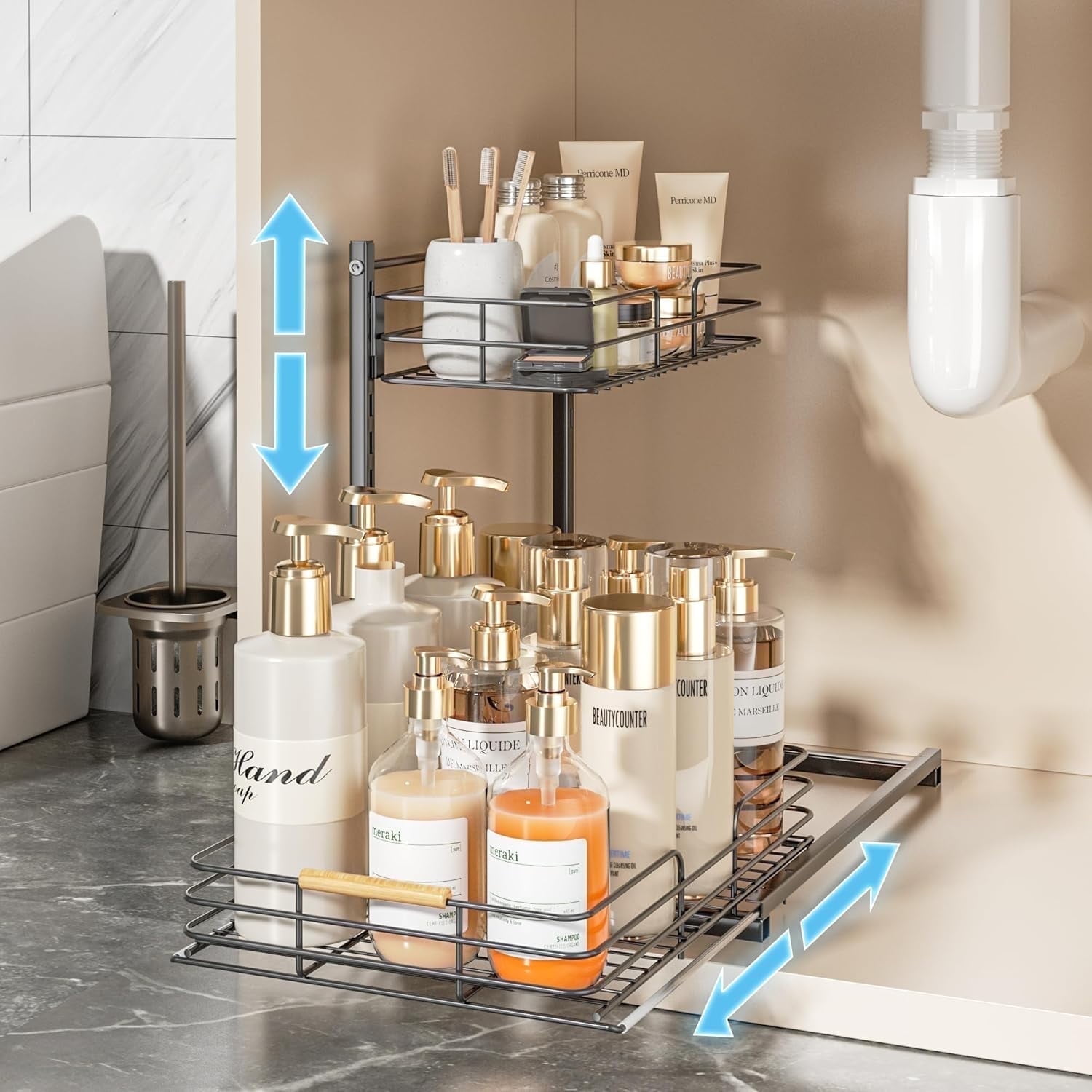 Delamu 2-Tier Under Sink Organizer - Height Adjustable Pull Out Storage For Kitchen & Bathroom