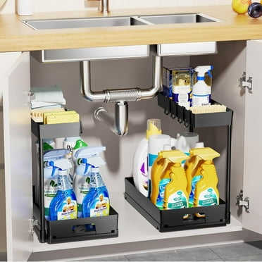 DELAMU 2-Tier Under Sink Organizers and Storage 2 Pack Sliding L-shape Under Bathroom Kitchen Cabinet Organizers Narrow Space Storage Multi-purpose for Bathroom Kitchen Drawer Black