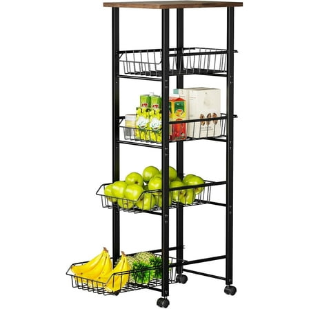 Fruit Vegetable Basket for Kitchen, LazySpin 5-Tier Rolling Utility Carts Produce Stand with Wheels