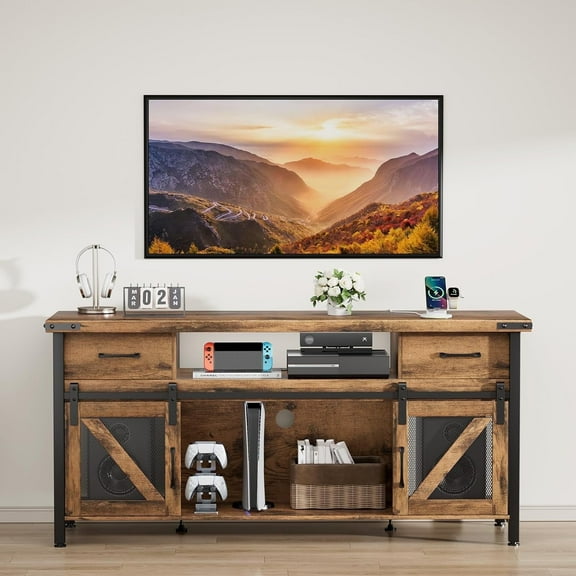 LazySpin TV Stand for 75 inch TV, Entertainment Center Table Cabinets with Sliding Barn Doors, Rustic Brown