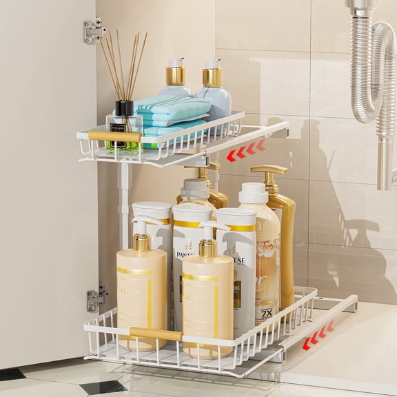 DELAMU L-Shape Under Sink Cabinet Organizer, 2 Tier Slide Out Pull Out Storage Rack for Bathroom Kitchen Countertop, Kitchen Organizers and Storage, 1 Pack