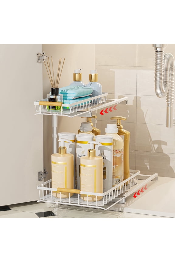 DELAMU L-Shape Under Sink Cabinet Organizer, 2 Tier Slide Out Pull Out Storage Rack for Bathroom Kitchen Countertop, Kitchen Organizers and Storage, 1 Pack
