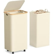 LazySpin 100L Laundry Basket with Wheels and Lid, Beige