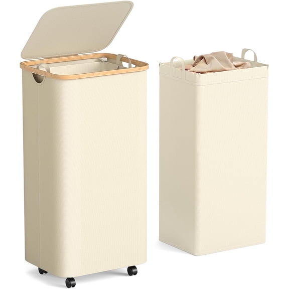 LazySpin 100L Laundry Basket with Wheels and Lid, Beige