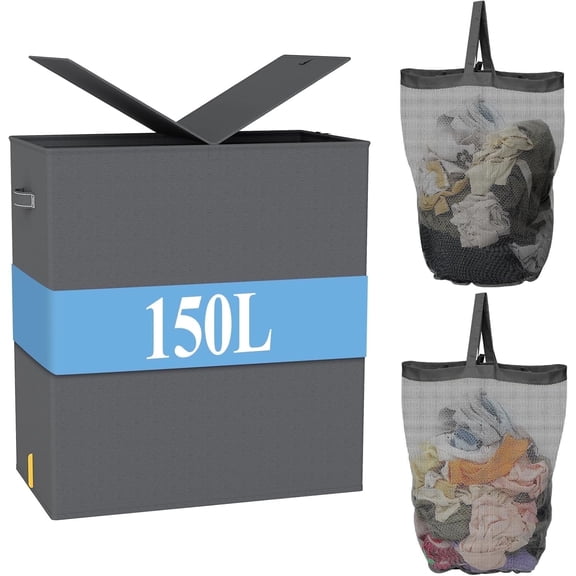 LazySpin 150L Laundry Hamper with Lid, Gray