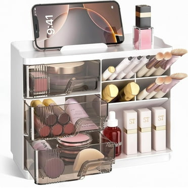 Delamu Makeup Organizer with Drawers, Multi-Function, Stackable Bathroom Organizer for Brush Lipstick Skincare Storage, White