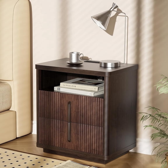 LazySpin 1 Pack Fluted Walnut Nightstand with Charging Station and 2-Drawers, Dark Brown