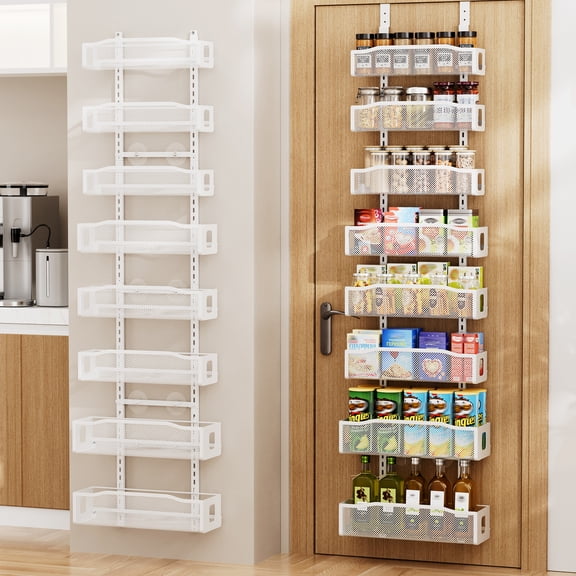 Delamu Over the Doors Pantry Organizer Rack with 8 Adjustable Baskets, 8 Tiers Dual-Use Hanging or Door Mount Spice Rack Organizer, Black