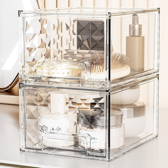 Delamu 2 Pack Stackable Make up Organizer, Clear Plastic Organizer Drawers for Vanity, Cosmetics, Beauty Supplies