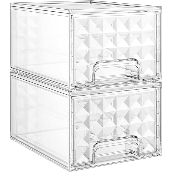 Delamu 2 Pack Stackable Make up Organizer, Clear Plastic Organizer Drawers for Vanity, Cosmetics, Beauty Supplies