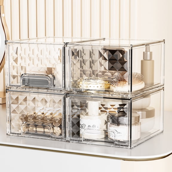 Delamu 4 Pack Stackable Storage Drawers Set,Clear Plastic Organizer Bins Makeup Organizer for Makeup, Cosmetics, Beauty Supplies
