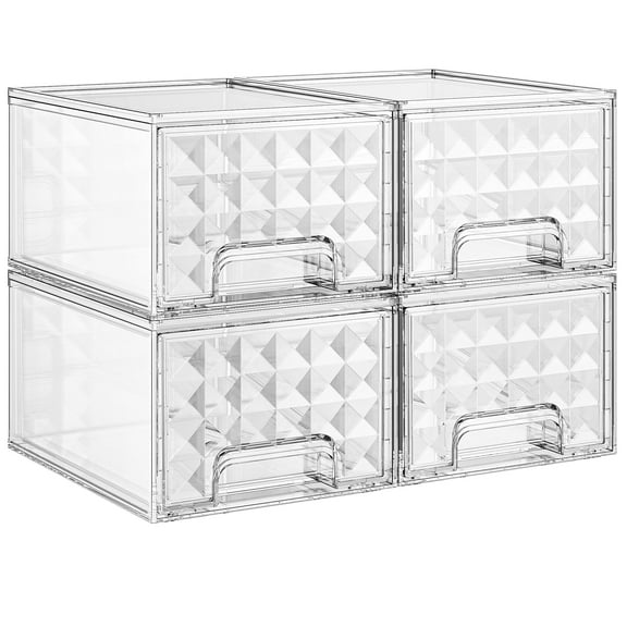 Delamu 4 Pack Stackable Storage Drawers Set,Clear Plastic Organizer Bins for Makeup, Cosmetics, Beauty Supplies
