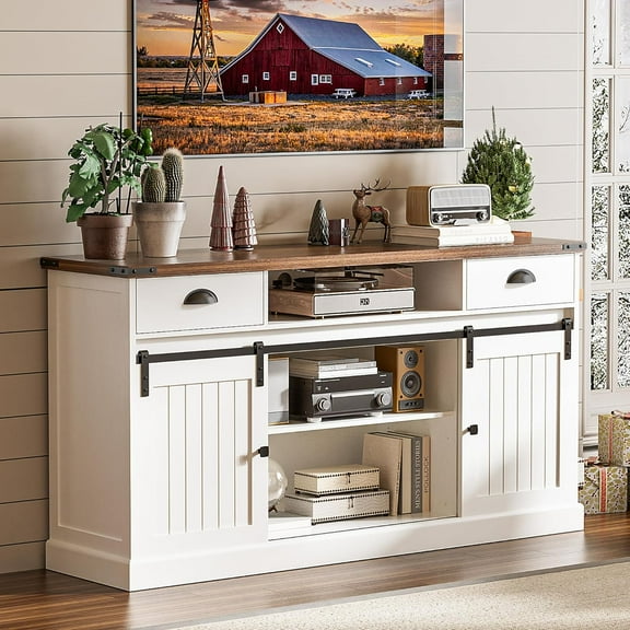 TV Stand for 65 inch TV, LazySpin Mid Century Wood Entertainment Center with Storage, White