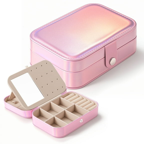LazySpin Travel Jewelry Box, PU Leather Small Jewelry Organizer Case for Women Girls, Pink