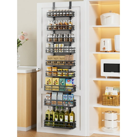 DELAMU Over the Doors Pantry Organizer Rack with 9 Adjustable Baskets, 9 Tiers Dual-Use Hanging or Door Mount Spice Rack Organizer, Black