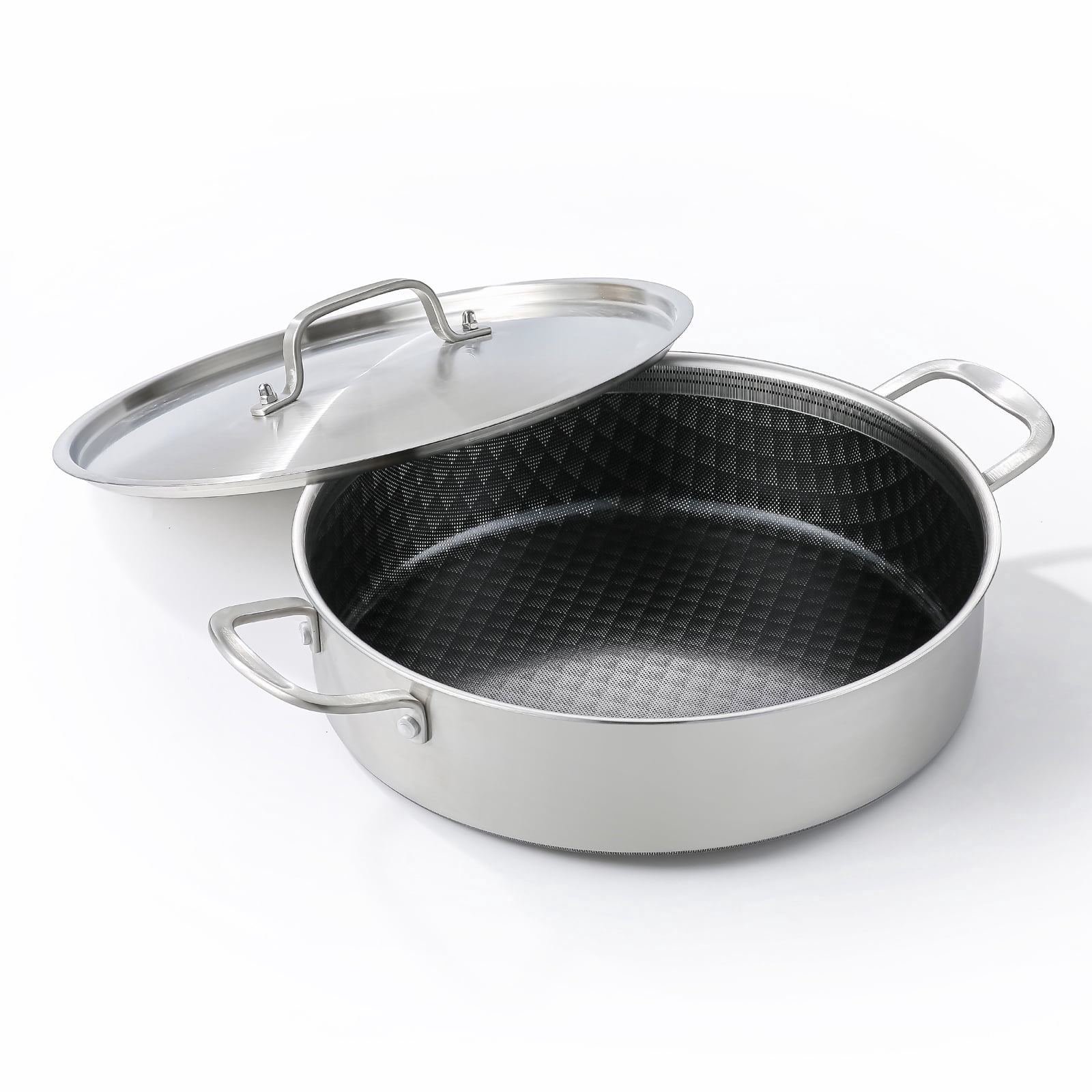 DELARLO 6QT Tri-Ply Stainless Steel Non Stick Braiser Pan with Lid,12inch Deep Frying Pan,Large Saute Pan Induction Compatible,Heavy Duty and Oven Safe