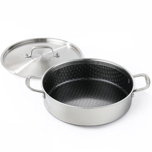 DELARLO 7QT Tri-Ply Stainless Steel Non Stick Braiser Pan with Lid,12inch Deep Frying Pan,Large Saute Pan Induction Compatible,Heavy Duty and Oven Safe