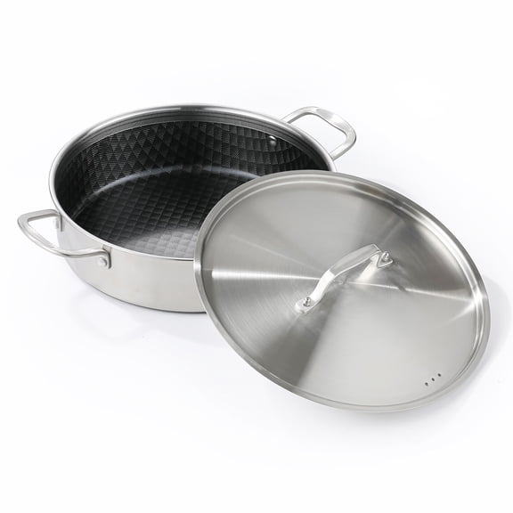 DELARLO 8QT Tri-Ply Stainless Steel Non Stick Braiser Pan with Lid,13inch Deep Frying Pan,Large Saute Pan,Jumbo Cooker,Induction Compatible,Heavy Duty and Oven Safe
