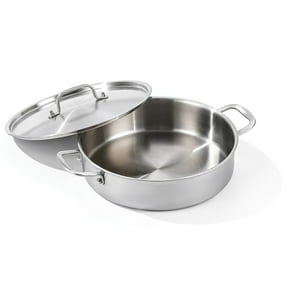 DELARLO Tri-Ply Stainless Steel 5 Quart Saute Pan with Lid Induction Rondeau Pot With Lid 12inch Deep Frying Pan Large Heavy Duty Style Compatible With All Cooktops Up to 500℉