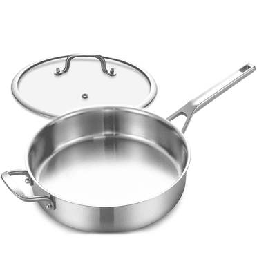 DELARLO Tri-Ply Stainless Steel 5QT Saute Pan with lid 12 Inch Deep Frying Pan, Large Skillet Cooking Pan Induction Compatible Chef Pan, Dishwasher & Oven Safe