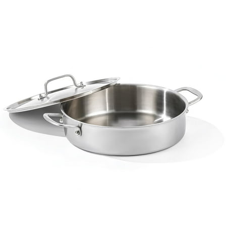 DELARLO 12-Inch Tri-Ply Stainless Steel Saute Pan with Lid, Induction Compatible, Heavy Duty Deep Frying Pan