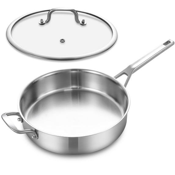 DELARLO 12-Inch Stainless Steel Saute Pan with Lid, Induction Compatible, Dishwasher & Oven Safe Deep Frying Skillet
