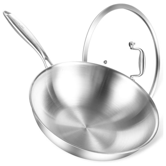 DELARLO 13-Inch Stainless Steel Wok Pan with Lid, Deep Tri-Ply Flat Bottom for Induction Cooktop