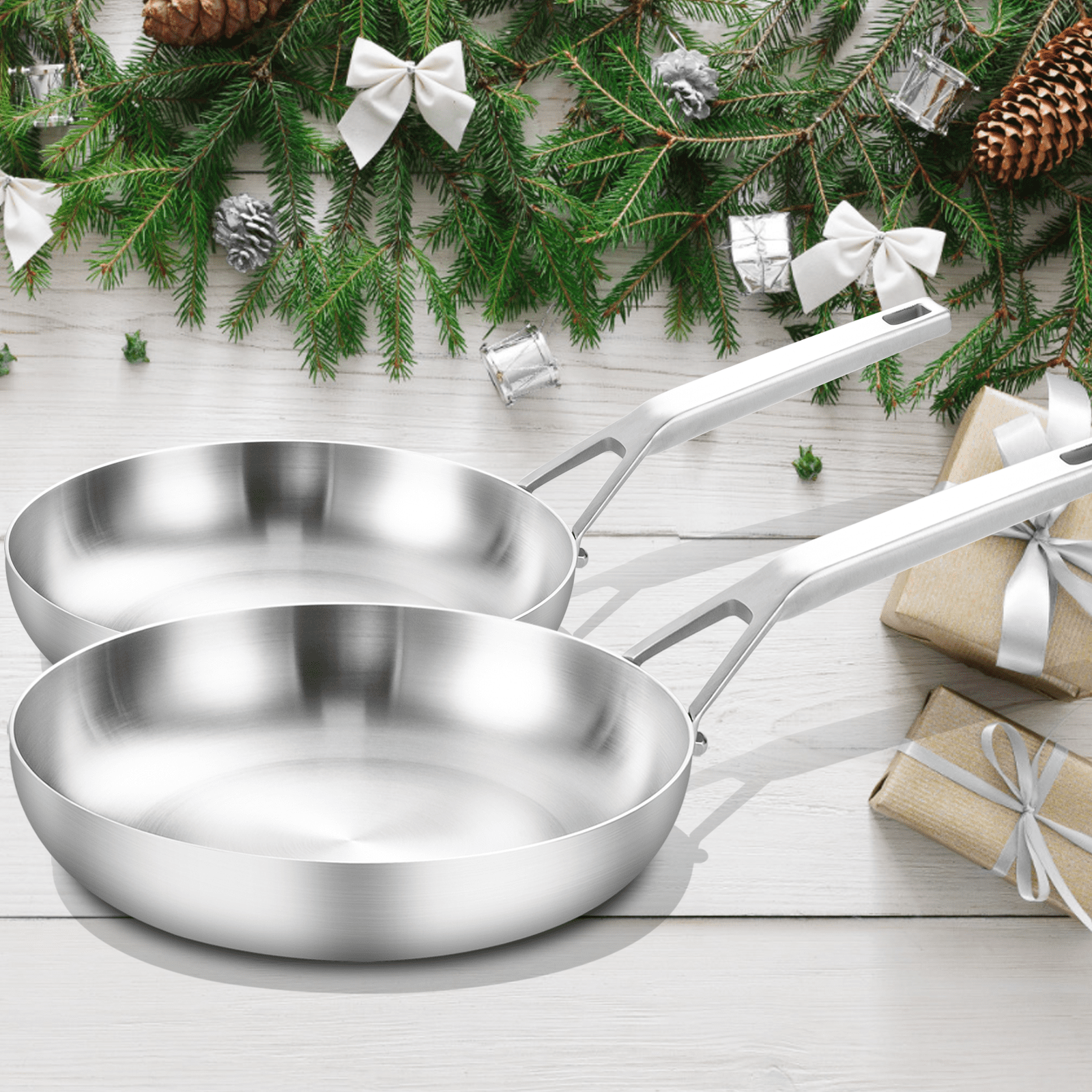 DELARLO Whole body Tri-Ply Stainless Steel 8 and 10inch Frying Pan Set, Oven safe induction skillet,pots and pans set,Suitable for All Stove