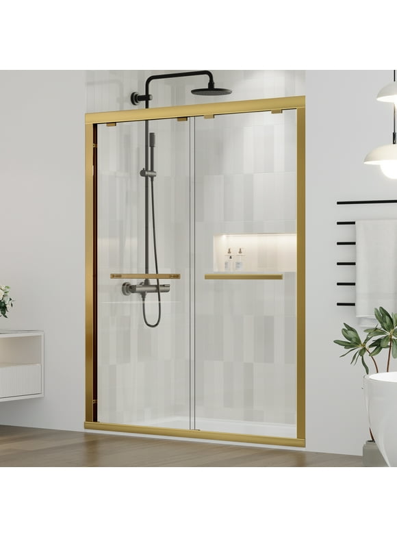 DELAVIN 56-59 in.W x 75 in.H Semi-Frameless Double Sliding Shower Door, SGCC Tempered Glass, Gold