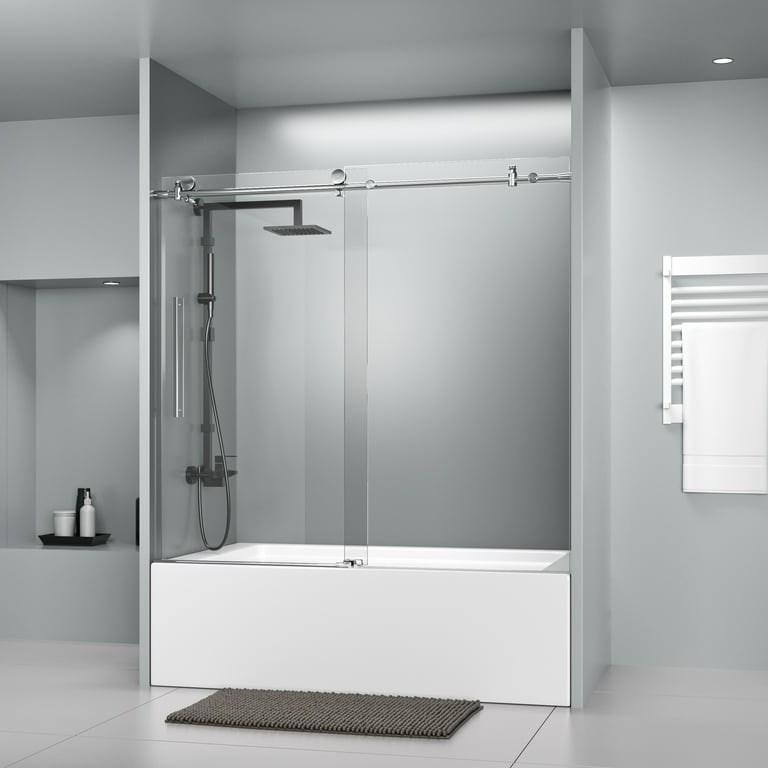 60 in. W x 59 in. H Sliding Frameless Bathtub Door in Stainless Steel with Clear Glass and Handle