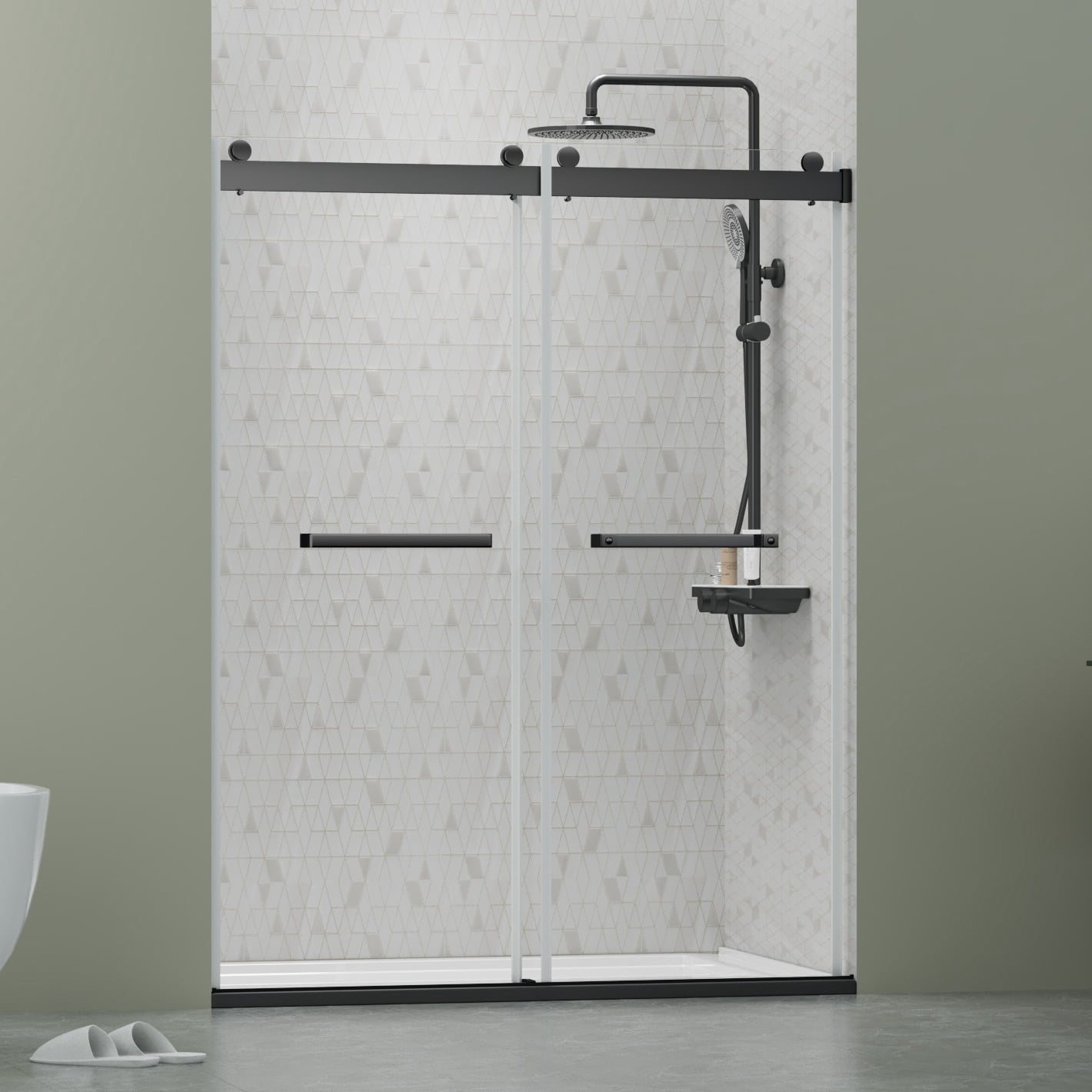 DELAVIN 56-60.in W x 75.in Double Sliding Frameless Shower Door, Clear Tempered Glass, Matte Black