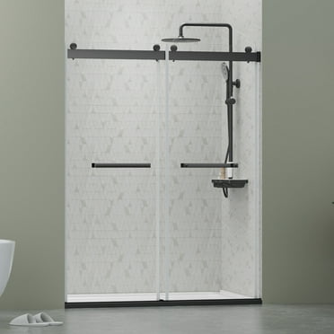 DELAVIN 56-60.in W x 75.in Double Sliding Frameless Shower Door, Clear Tempered Glass, Matte Black