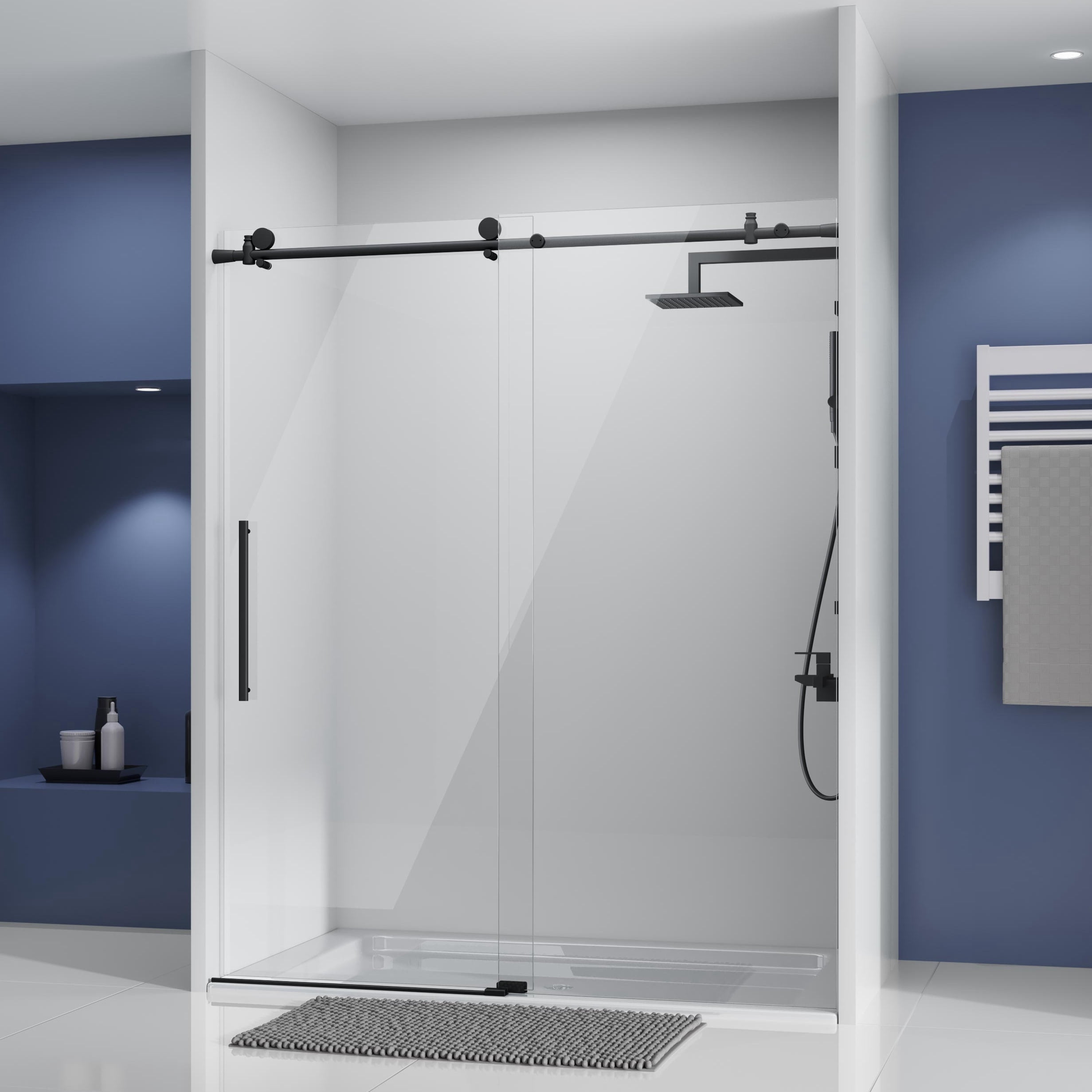 DELAVIN 56-60.in W x 75.in H Frameless Shower Door, Clear Tempered Glass, Stainless Steel Frame, Matte Black
