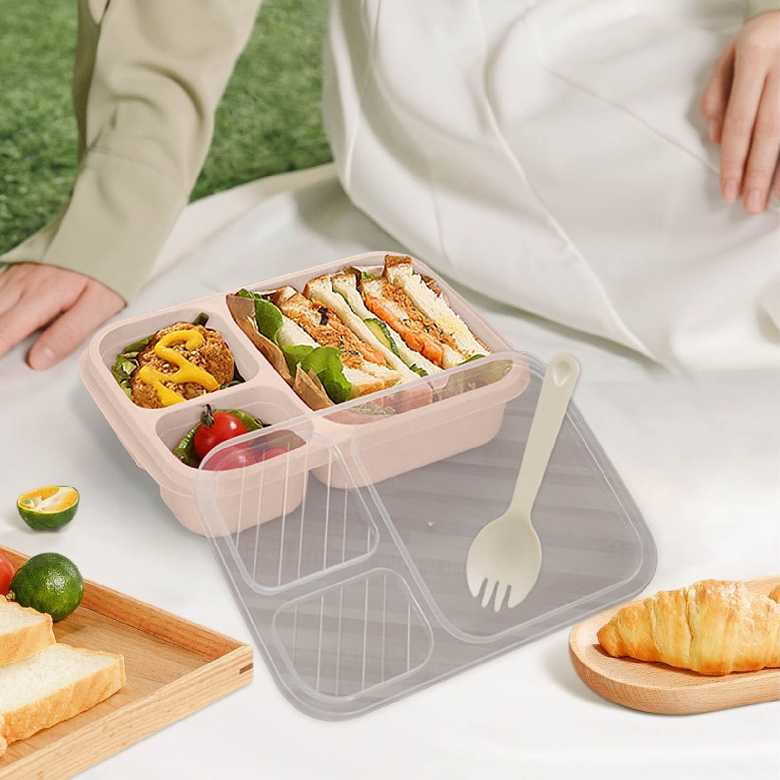 DELESYS Bento Lunch Box Set 3 Compartment Wheat Straw Meal Prep Food ...
