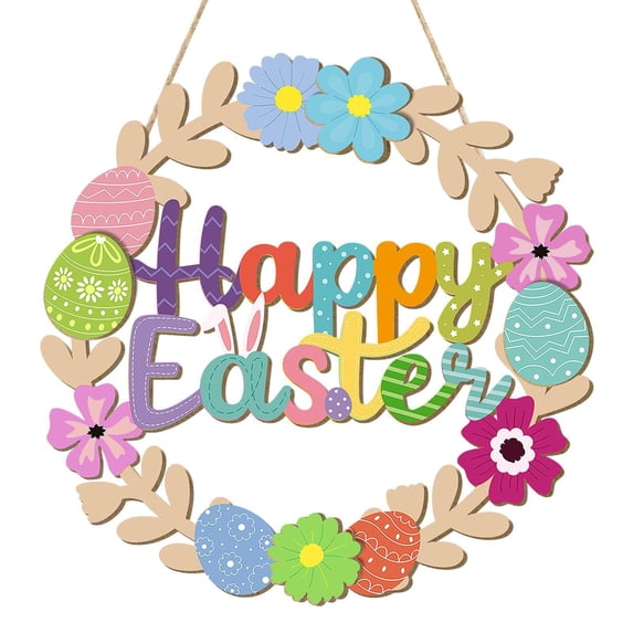 DELESYS Easter Decoration Door Wreath for Front Door Sign Rabbit Spring Decoration, Hollow Bunny Sign Flower Egg Welcome Hanging for Home Wall Decor Party Outdoor indoor Supply Happy Easter, 11 INCH