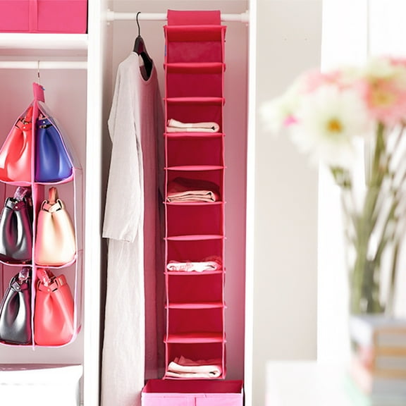 DELESYS Hanging Shoe Organizer 10 Tier Hanging Shelves for Closet Organizers and Storage System, Foldable Design, for Wardrobe, Baby Clothes Organization and Storage, 30*15*125cm Hot Pink