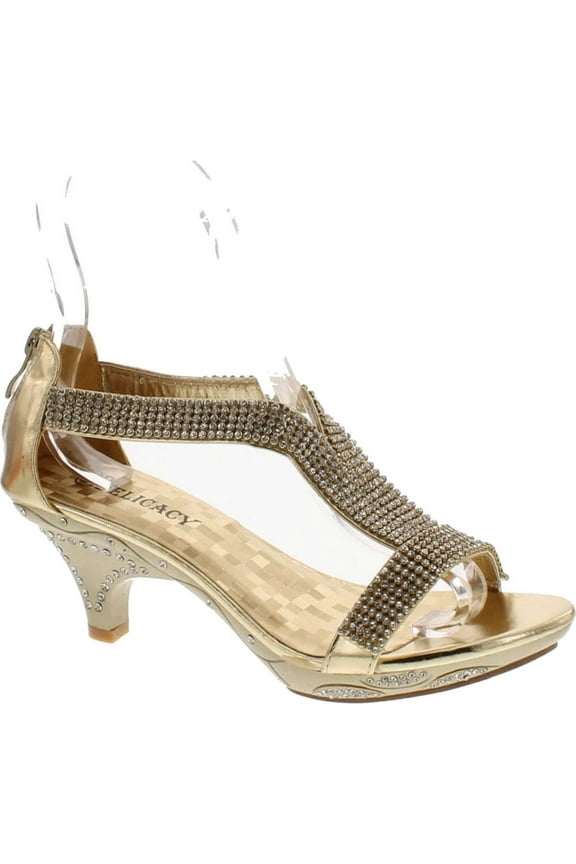 Womens Gold Padded Metallic Rhinestone T-Strap Lety73 Round Toe Zip-Up Dress Heeled Sandal 10
