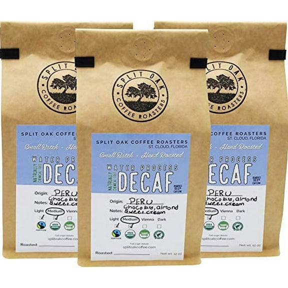 DELICIOUS Organic Decaf Coffee Water Process Chemical-Free Medium Roasted Peru Coffee Whole Beans 12oz. Sweet Espresso Crema, Almond Notes. 99.9% Free Caffeine, Fair Trade, Swiss (3 Pack)