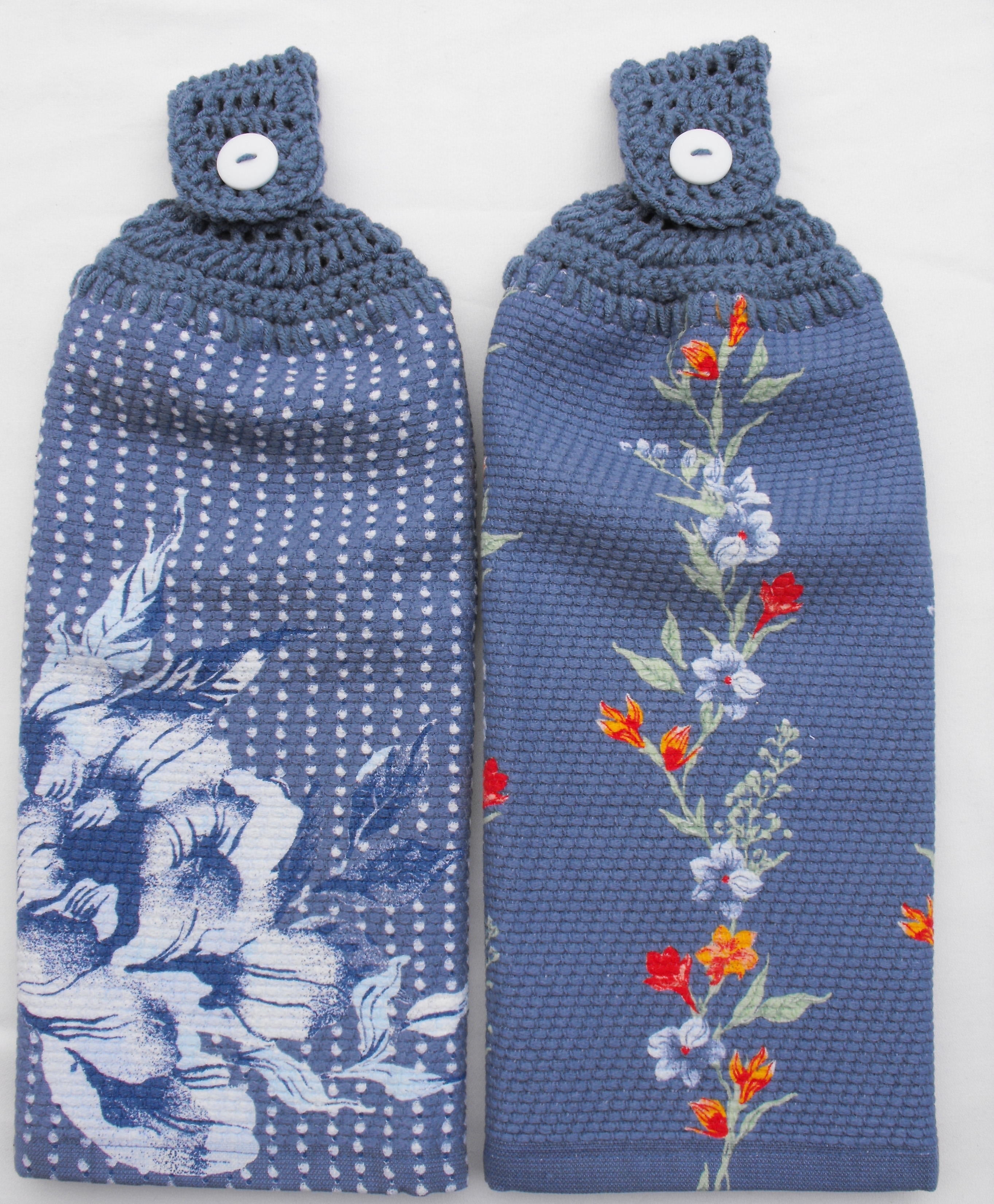 DELILAH BLUE FLORAL - 2 DOUBLE/FULL HANDMADE CROCHET TOP HANGING KITCHEN TOWELS